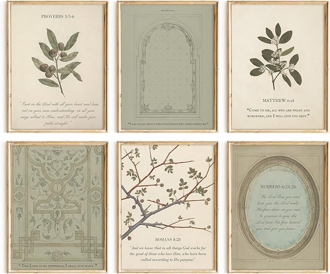 Sage Green Christian Wall Art Posters Vintage Bible Verse Canvas Wall Decor Scripture Botanical Art Prints Religious Pictures Christian Paintings Artwork for Living Room Bedroom 8x10x6 Inch Unframed