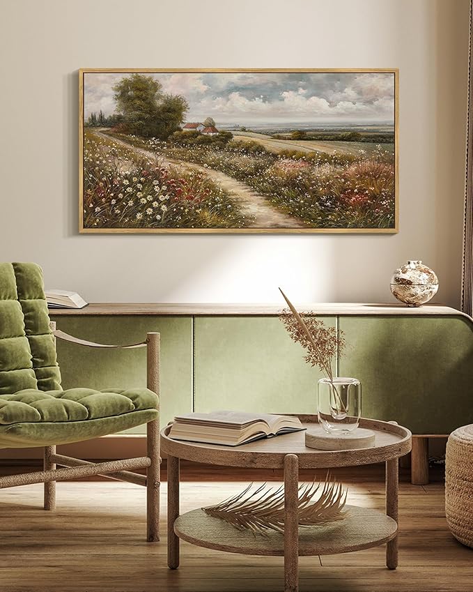 SHENIFY Vintage Landscape Framed Wall Art Rustic Countryside Wildflower Field Farmhouse Decor Retro Meadow with Flowers Painting for Hallway Bedroom Dining Room - 20x40in Natural Framed