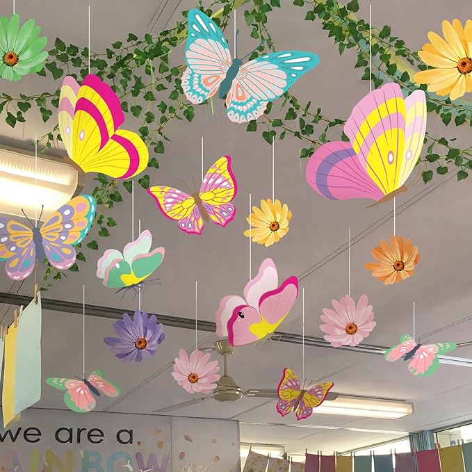 30 Pcs Spring Decorations for Classroom Spring Ceiling Hanging Decorations Kit with 20 Butterfly Bloom Flower and 10 Green Radish Garland for Party Wall Office Classroom School Decor