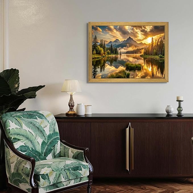 Framed Canvas Wall Art 16x24 Inch, Vintage Landscape Wall Art Decor, Countryside Farmhouse Sunset Landscape Wall Decor, Retro Mountain Vintage Painting Prints for Living Room Bedroom Home Bathroom Decor