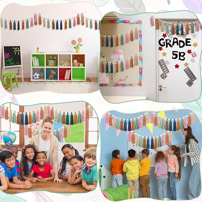 Zeyune 3 Pcs Boho Tassel Garland Boho Rainbow Wall Decor Colorful Pastel Tassel Wall Hanging with Wood Beads for Classroom Kids Bedroom Baby Shower Back to School Birthday Party Supplies
