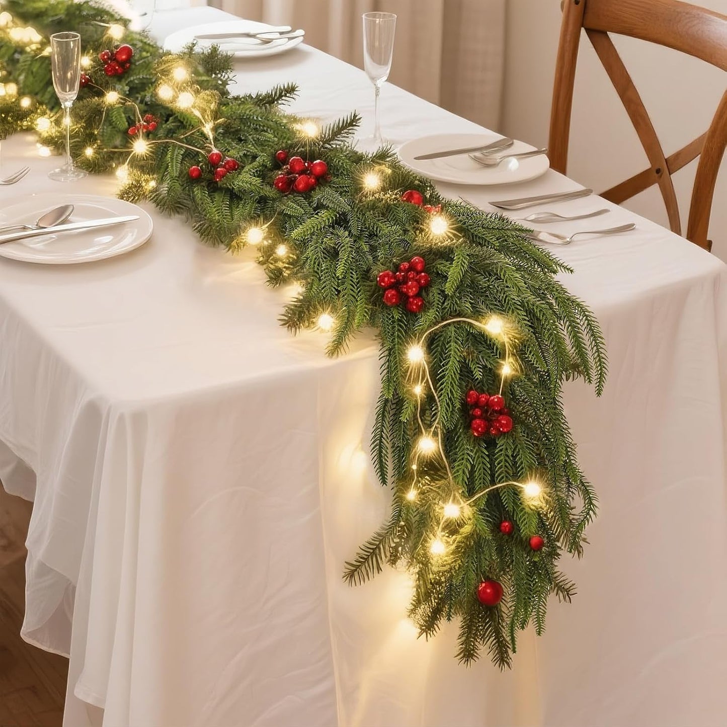 9FT Christmas Norfolk Pine Garland -2PCS, Artificial Pine Needles Garlands Faux Greenery Fake Garland for Holiday Fireplace,Table,Window,Stairs,Mante,Indoor Outdoor Decor