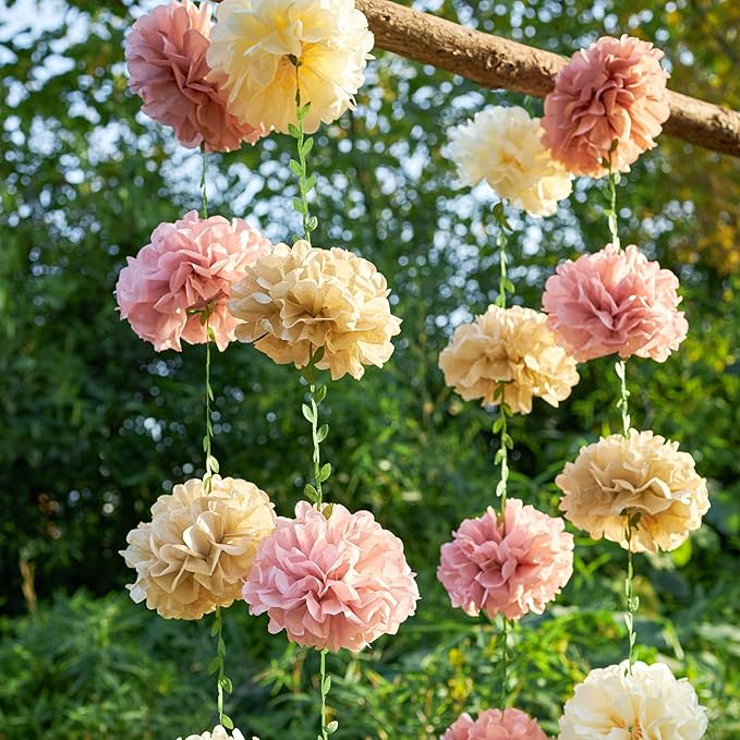 Paper Flower Garland, Rose, Pink, Light Beige, and Cream Color Tissue Paper Flowers Party Decorations, Paper Flowers for Baby Shower, Garden Party, Wedding, Wall Decor, Spring Summer Decor