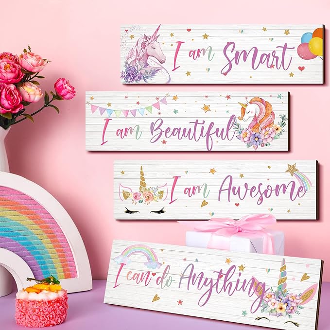 Yulejo Unicorn Wall Decor Girls Rainbow Wall Art Unicorn Room Decor Rainbow Motivational Inspirational Room Bedroom Decorations for Christmas Girls Kids Bedroom Nursery Decorations Gift (Smart Style)