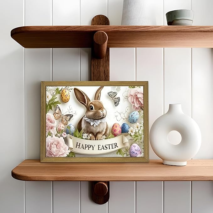 Framed Easter Bunny Wall Art, Vintage Holiday Decor Oil Painting, Rustic Farmhouse Spring Animal Wall Decor, Cute Rabbit Easter Eggs Canvas Print Paintings for Living Room Bedroom Nursery 8x10 Inch