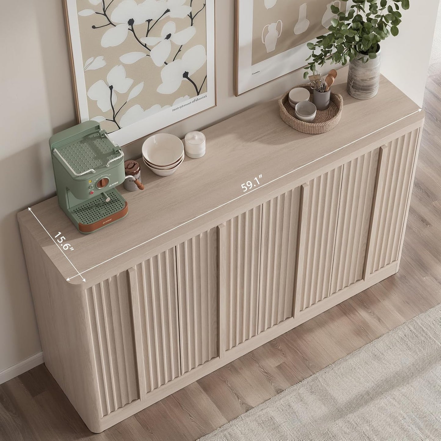 Fluted Buffet Cabinet with Storage, 60" Sideboard Buffet Accent Cabinet with 4 Door & Solid Wood Handle, Modern Buffet Table Credenza Console Cabinets for Living Room, Dining Room, Kitchen, Oak(1PCS)