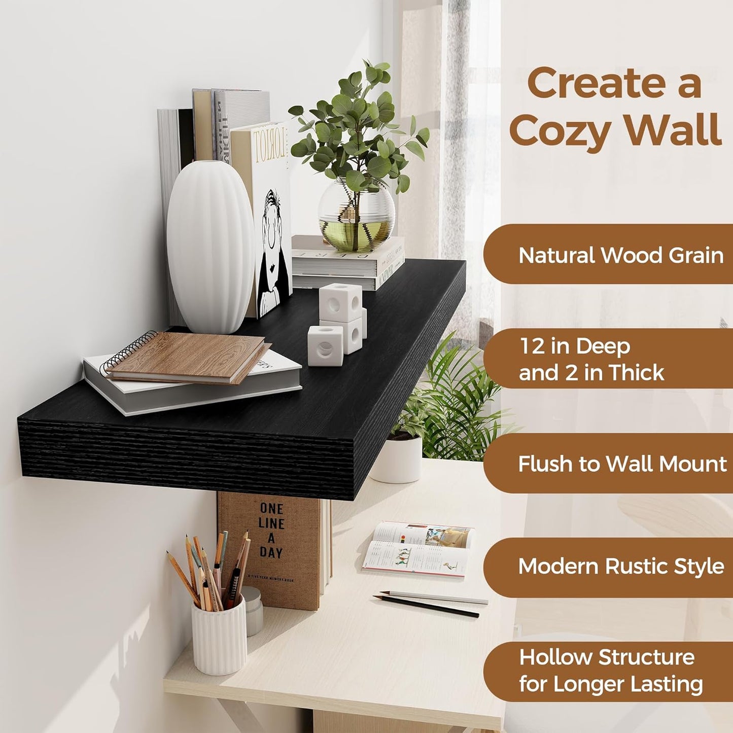 Black Floating Shelves 36 Inch Long, 12 Inch Deep Floating Shelves for Wall, 36 x 12 Shelves for Wall Storage & Display, 2" Thick Floating Shelf for Bathroom, Living Room, Bedroom, Set of 2