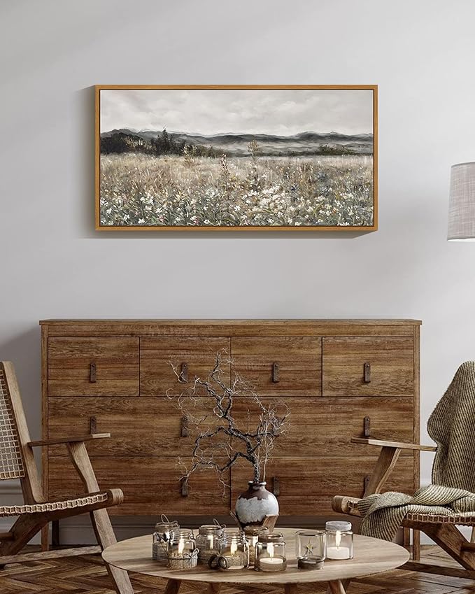 SHENIFY 20x40in Extra Large Vintage Framed Wall Art Meadow with Flowers Landscape Painting Retro Scenery Farmhouse Bedroom Above of Bed Living Room Decor - Natural Framed