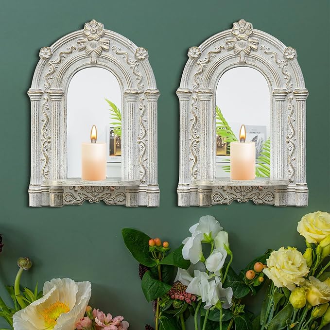 Three-Dimensional Relief Candle Sconces Set 2 Rustic Wall Mount Candle Holders Wood Hanging Wall Decor Mirrored Wall Art Hand Carved Home Decoration