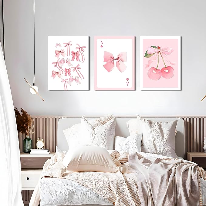 Trendy Pink Bows Canvas Wall Art Set of 3, Vintage Preppy Cherry Posters Prints, Pink Girly Room Aesthetic Wall Decor Painting for College Apartment Living Room Bedroom 12x16 In Framed