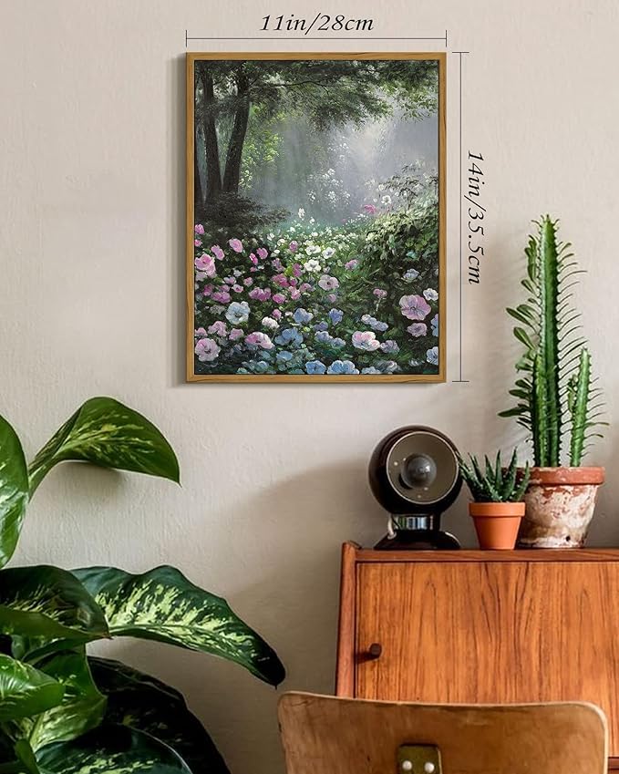 SHENIFY Vintage Floral Framed Wall Art Garden in Flower Scenery Farmhouse Decor Retro Flower Sea Field Painting for Living Room Bedroom Ready to Hang Wall Artwork - 11x14in Natural Framed