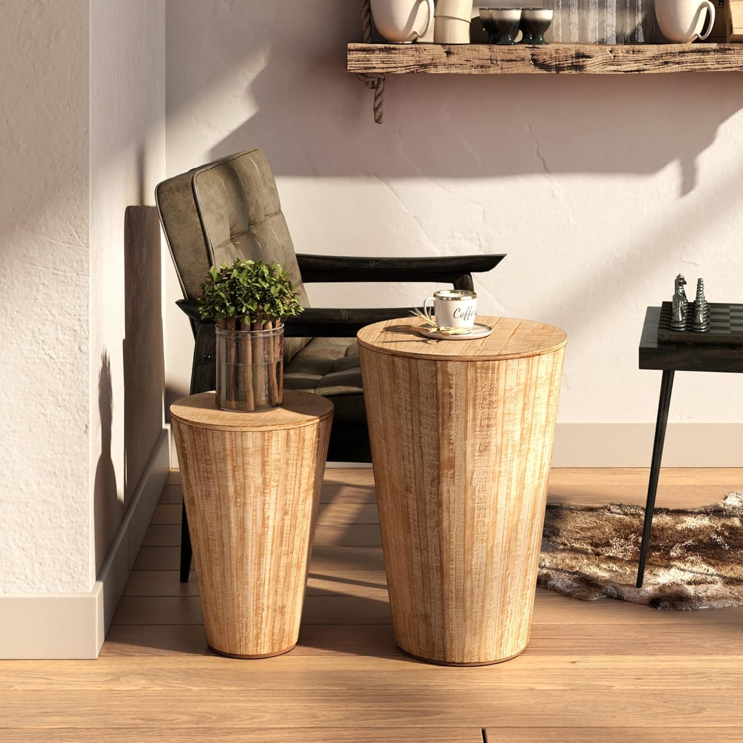 Farmhouse Nesting Barrel Side Table, Rustic Space Saving Storage End Table Set Fully Assembled, Natural Distressed Finish