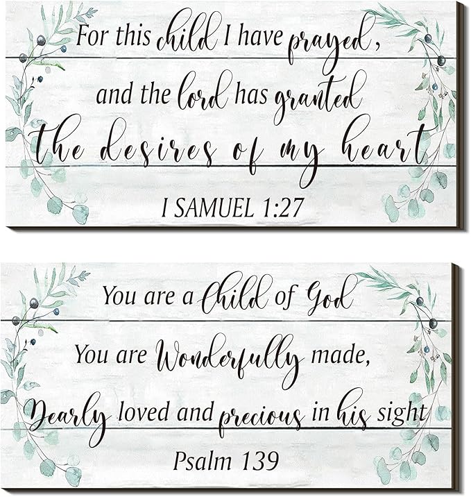 Yookeer 2 Pcs Wood Nursery Wall Decor for Girls Boys Baby Girl Room Decor Nursery Christian Wall Art This Child I Have Prayed Bible Quote Hanging Sign for Kids Home 12 x 6 Inch(Greenery)
