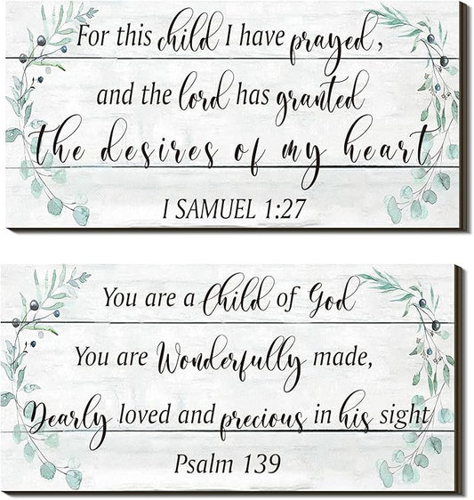 Yookeer 2 Pcs Wood Nursery Wall Decor for Girls Boys Baby Girl Room Decor Nursery Christian Wall Art This Child I Have Prayed Bible Quote Hanging Sign for Kids Home 12 x 6 Inch(Greenery)