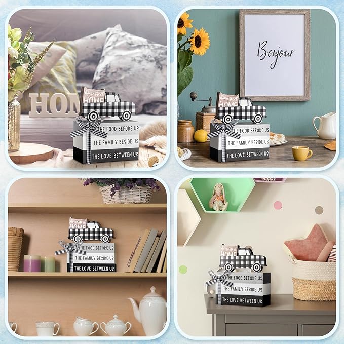 Jetec 4 Pcs Farmhouse Wooden Tabletop Decor Farmhouse Rustic Tiered Tray Decor Home Sweet Home Centerpiece Black and White Truck Buffalo Plaid Tabletop Sign for Kitchen Shelf Desk Decoration