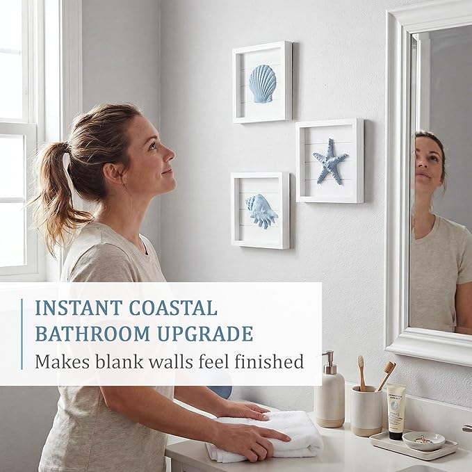 TideAndTales Blue Seashells and Starfish (Framed Set of 3) Coastal 3D Wall Art, Beach Wall Decor for Bathroom or Coastal Bedroom, Ocean Inspired Seaside Decorations for Home or Beach House (7"x7")
