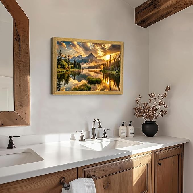 Framed Canvas Wall Art 16x24 Inch, Vintage Landscape Wall Art Decor, Countryside Farmhouse Sunset Landscape Wall Decor, Retro Mountain Vintage Painting Prints for Living Room Bedroom Home Bathroom Decor