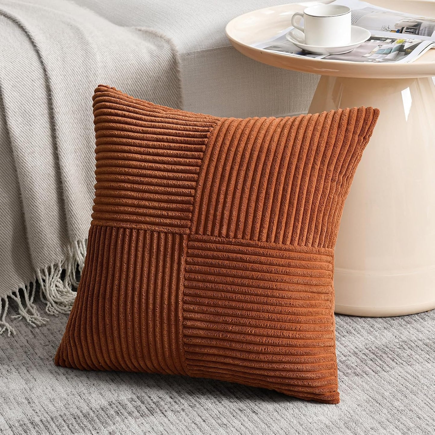 Fancy Homi 2 Packs Rust Big Decorative Throw Pillow Covers 24x24 Inch for Living Room Couch Bed, Rustic Farmhouse Boho Home Decor, Soft Corss Corduroy Patchwork Square Terracotta Cushion Case 60x60 cm