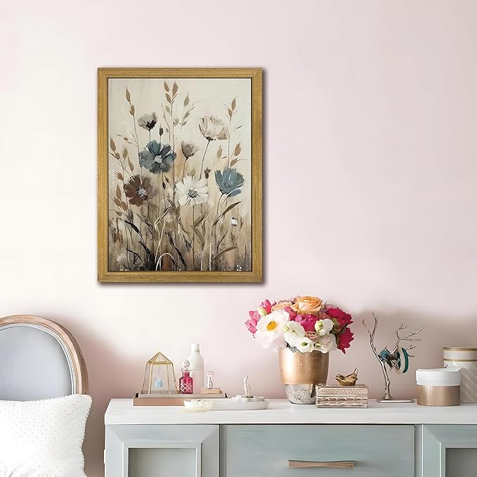 Yaneiro Wood Framed Vintage Wildflower Wall Art, Boho Canvas Wall Decor Paintings, Sage Flower Bathroom Decor, Countryside Farmhouse Landscape Posters Print for Bedroom Hallway Living Room 12x16 Inch
