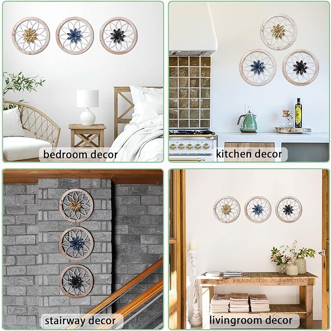 Paquesta 3 Piece Round Farmhouse Wall Decor with 6 Piece Interchangeable Flowers 15.75'' Medallion Wood & Metal Rustic Wall Art for Living Room Bedroom Kitchen Bathroom Dining Room Home Decorations (large white wheel)