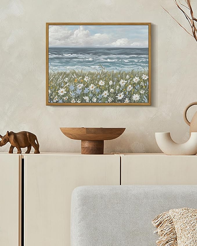 SHENIFY Vintage Landscape Framed Wall Art Sea Coastal Wildflower Field Scenery Farmhouse Decor Retro Painting for Living Room Bedroom Ready to Hang Wall Artwork - 11x14in Natural Framed