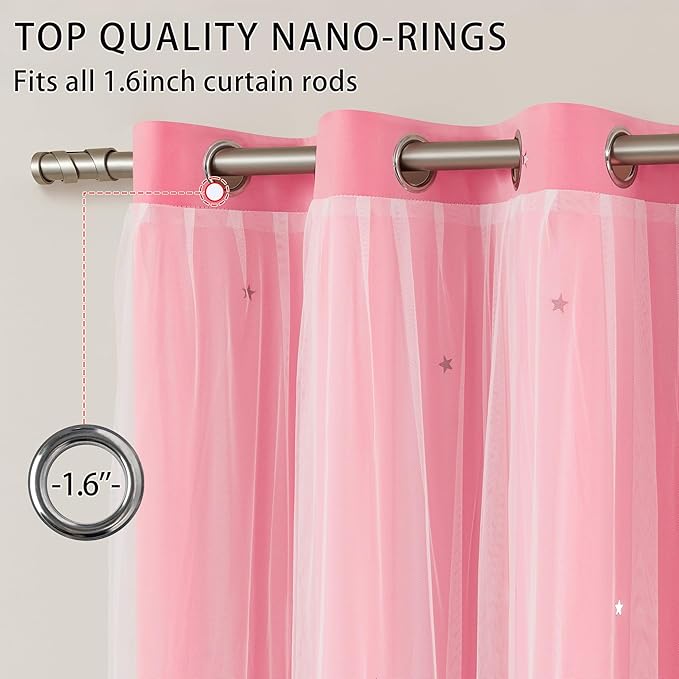 XiDi Pink Curtains 96 Inches Long for Girls Bedroom Living Room Privacy Room Darkening Double Layer Curtains with Sheer Overlay for Kids Toddler Princess Nursery Room Grommet Window Drapes W34 X L96