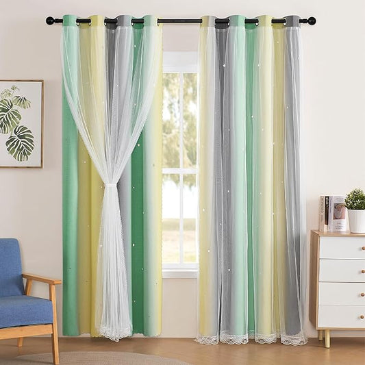 XiDi Girls Curtains for Bedroom 96 Inches Long 2 Panels Grey Green Yellow Rainbow Blackout Curtains for Little Girl Kids Room Decor Living Room, Princess Unicorn Wall Decals Drapes 34x96