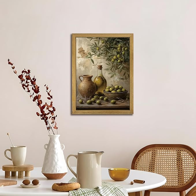 Wood Framed Olive Kitchen Wall Art, Vintage Rustic Still Life Canvas Print, Green Olives Poster Print Picture, Fruit Wall Decor Painting for Dining Room Cafe Restaurant Farmhouse Home Decor 16x24 inch