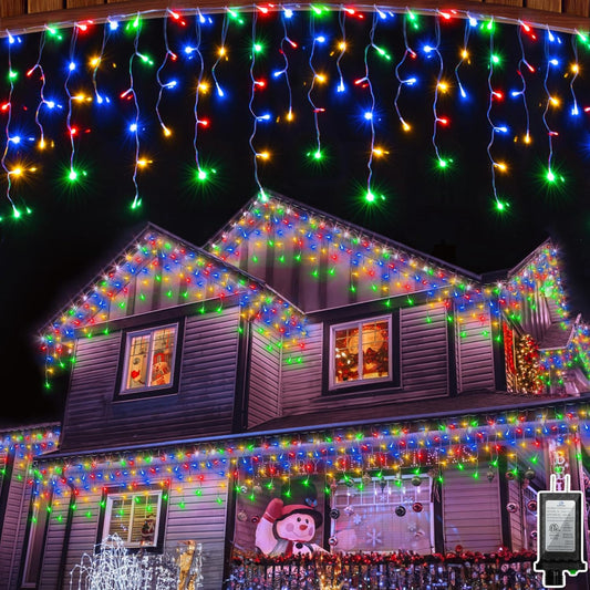 1296 LED Christmas Lights with 288 Drops, 131ft Christmas String Lights with 8 Modes, Waterproof Outdoor Decorations Fairy Lights with Timer Memory for Xmas Party Patio Window Fence Multicolor