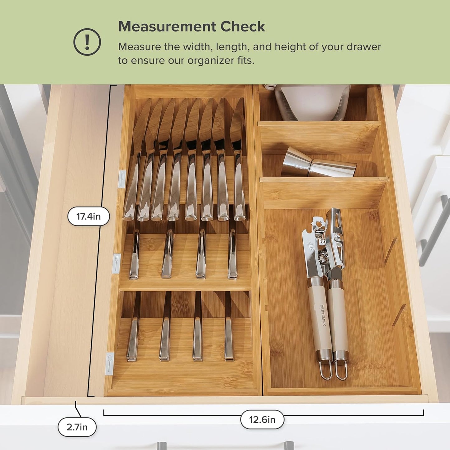 Premium Silverware and Utensil Drawer Organizers – Slanted 3-Compartment and 5-Compartment Design, Labeled Slots, Non-Slip Feet, 100% Sustainable Bamboo, 2 Pack