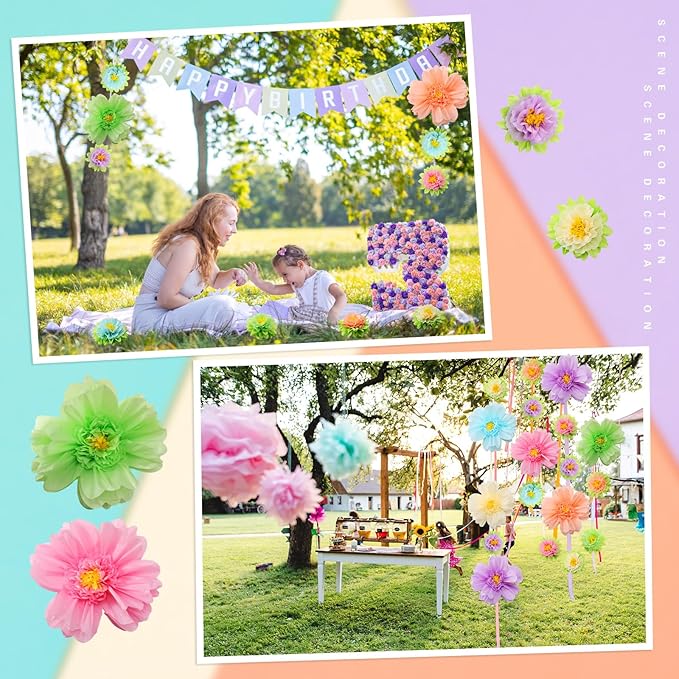 TaoBary Large Colorful Tissue Paper Flowers Giant Fiesta Paper Pom Poms Mexican Birthday Decorations for Wall Wedding Backdrop Centerpiece Party Supplies(20" and 10",Pastel Color,36 Pcs)