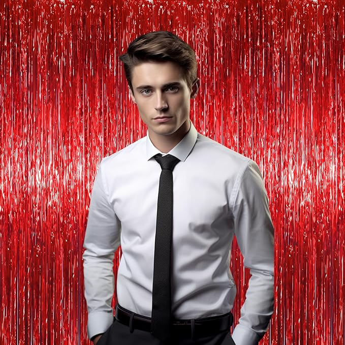 3.3 x 6.6 ft Foil Fringe Backdrop Curtains, Tinsel Streamers Party Decorations, Fringe Backdrop for Birthday, Baby Shower, Gender Reveal, Graduation (6, Red)