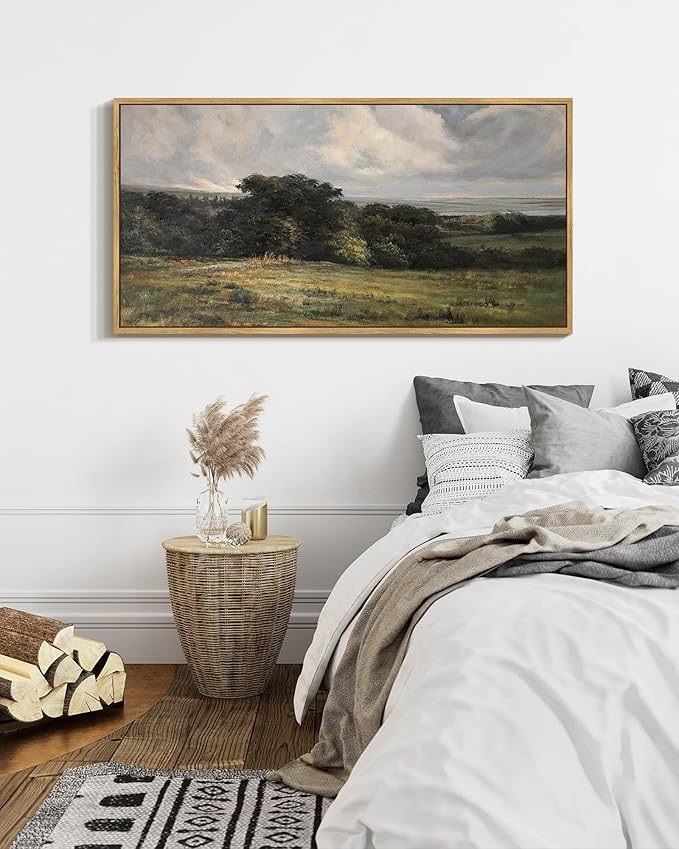 SHENIFY Vintage Landscape Framed Wall Art Rustic Countryside Meadow Farmhouse Decor Retro Vast Grassland Painting for Hallway Bedroom Living Room Dining Room - 20x40in Natural Framed