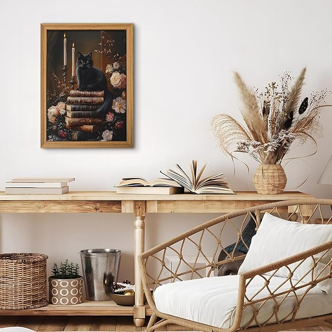 Framed 3D Textured Cat Wall Art – Vintage Books Floral Dark Academia Decor, Victorian Gothic Botanical Flowers Pictures for Living Room Bedroom Gallery Library Wall Decor – 16x24in