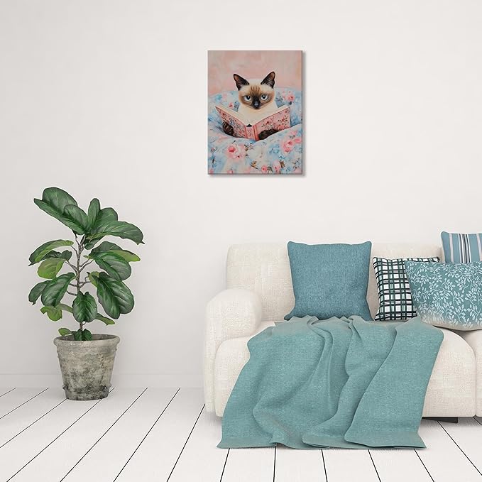 Framed Cat Reading Book Canvas Wall Art, Cute Pink Siamese Cat Wall Decor Print Painting, Funny Animal Lovers Picture for Bedroom Living Room Kids Room Girls Room Home Decor 16x24 Inch
