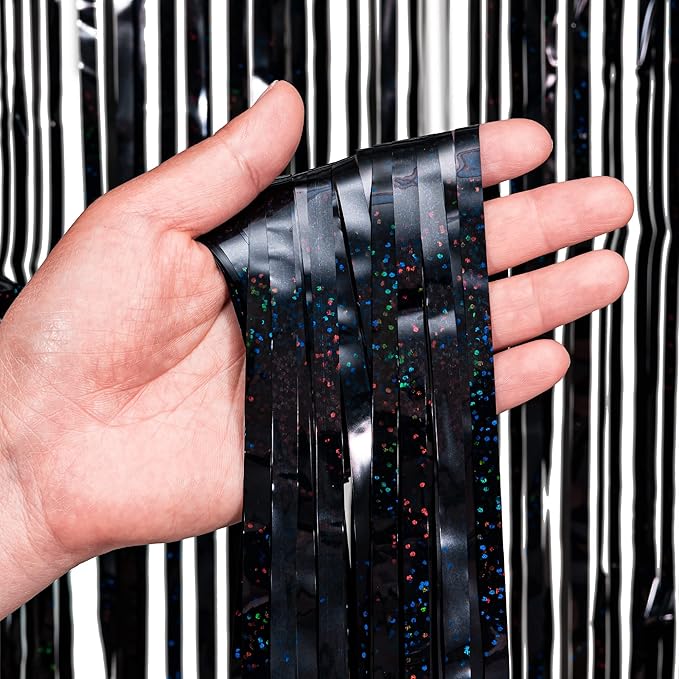 Black Tinsel Curtain Party Backdrop - GREATRIL Party Streamers Backdrop Foil Fringe Curtains for Birthdays/Wizard Halloween Decorations - 1m x 2.5m - Pack of 2