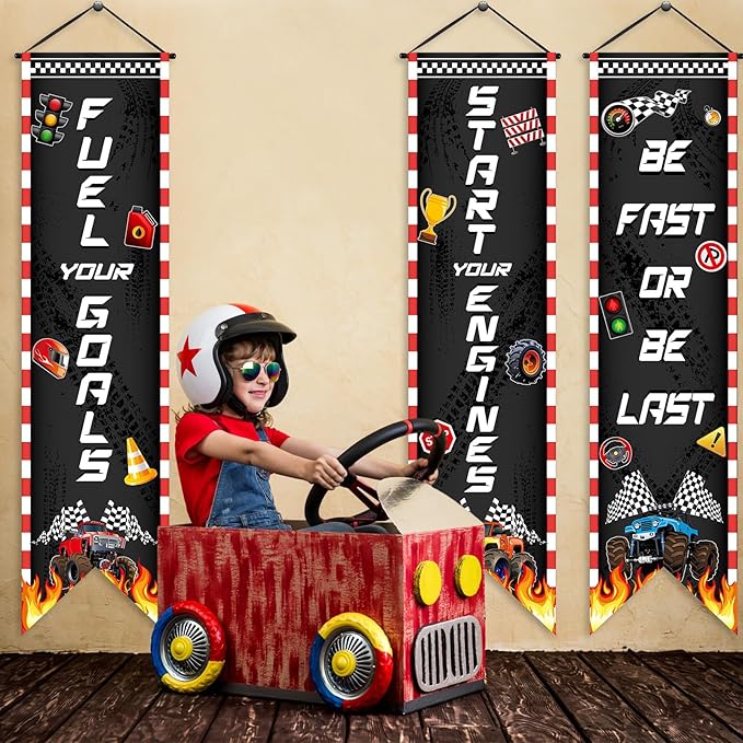 3 Pcs Race Car Party Banners Racing Fans Birthday Decor Monster Truck Hanging Porch Sign Truck Fuel Can Checkered Flag for Car Theme Birthday Party Supplies Inspirational Classroom Decoration