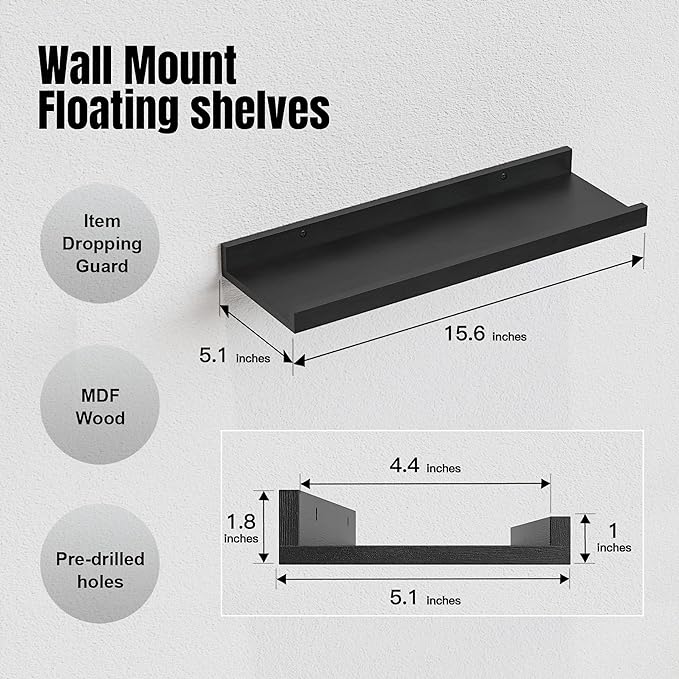 RICHER HOUSE 5 Set Floating Wall Mounted Shelves, Black Shelves for Wall Decor, Modern Picture Ledge Shelf with Lip for Storage, Nursery, Bedroom, Living Room, Bathroom - Black (Pack of 2)