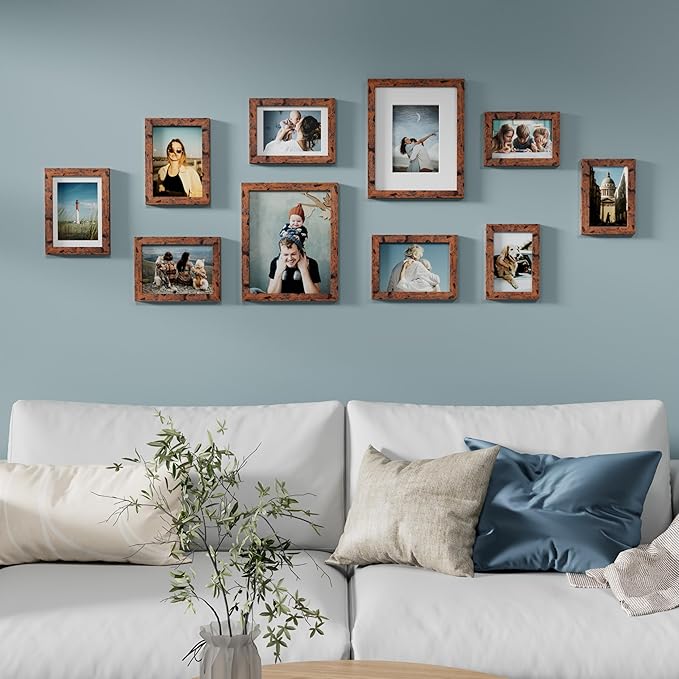Vittanly Picture Frames Set of 10, Picture Frames Collage Wall Decor with Two 8x10, Four 5x7 and Four 4x6 Photo Frames, Gallery Wall Frame Set for Wall or Tabletop Display, Rustic Brown