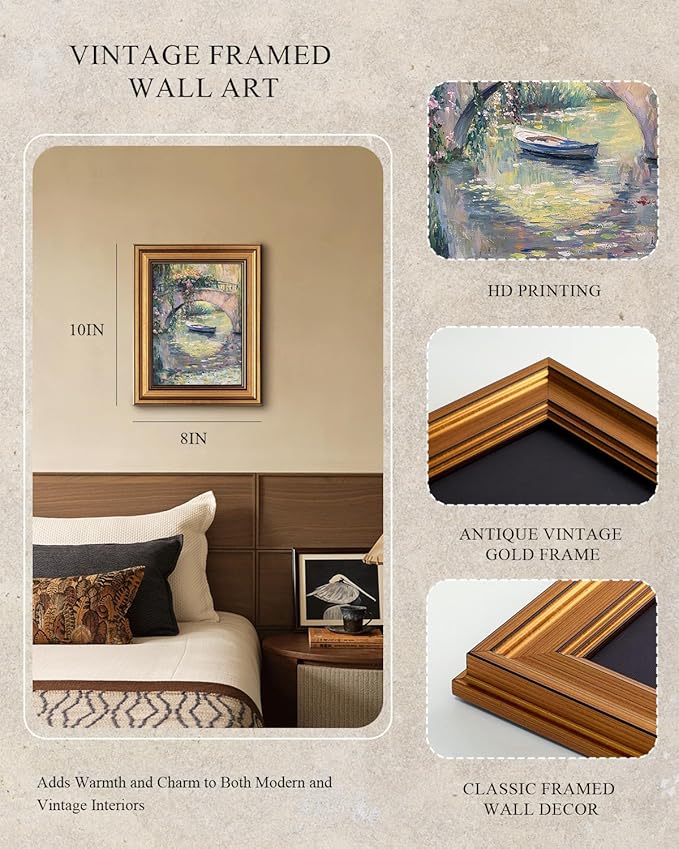 InSimSea Gold Framed Canvas Wall Art, Vintage Country Decor, Monet Bridge Pastel Oil Paintings Farmhouse Decor Aesthetic, Small Countryside Prints for Bedroom Living Room Shelf Gift, 8x10inch