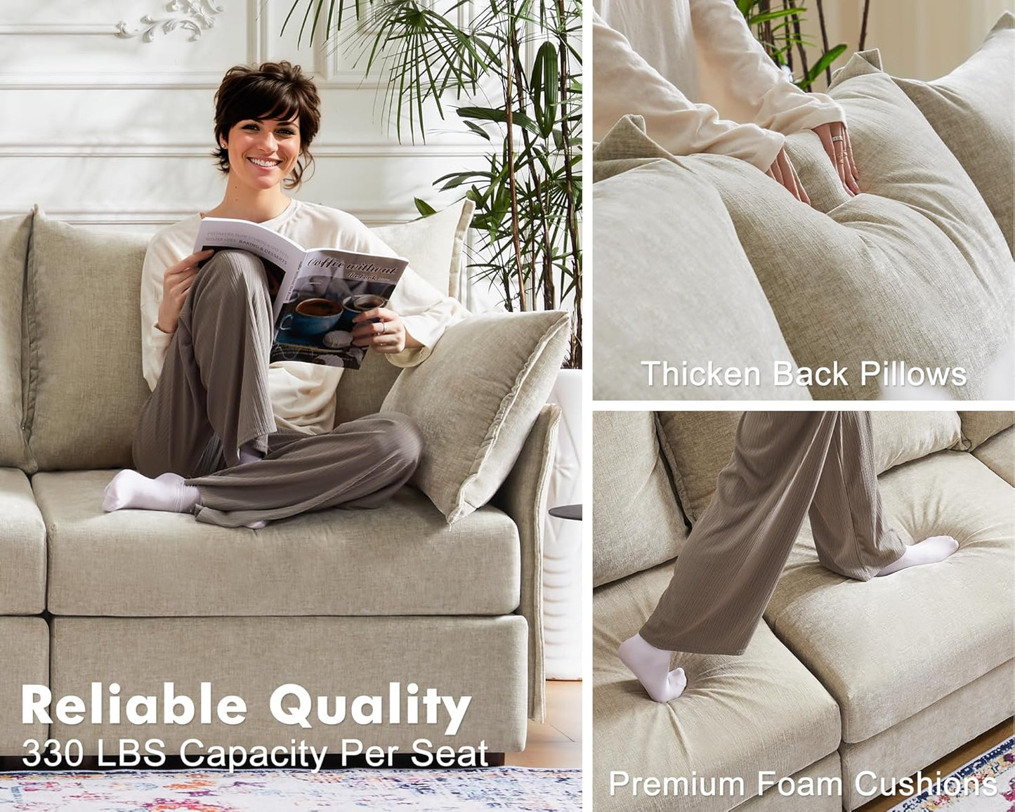 Oversized Accent Chair, Upholstered Modern Sofa Chair with Removable Backrest & Detachable Cover, 24.5" Deep Seat Large Reading Armchair for Living Room Bedroom Office - Chenille Beige Set of 1