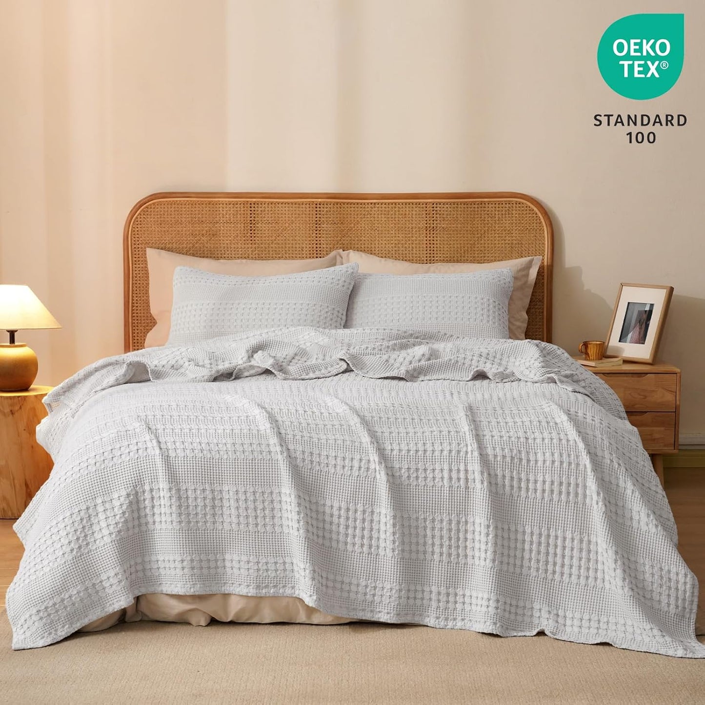 PHF 100% Cotton Waffle Weave Blanket King Size, Soft Lightweight Breathable Cozy Summer Blankets for Bed, Luxury Aesthetic Woven Bedding for Home Decor, 108"x90", Light Grey