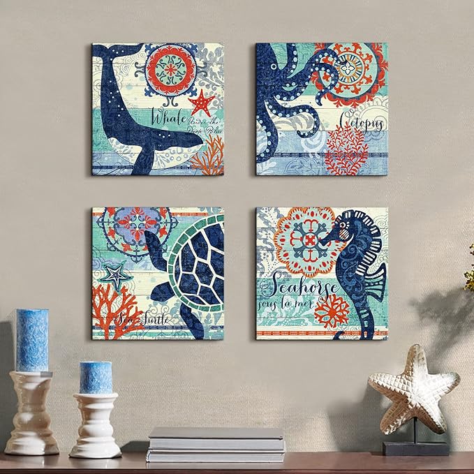 Navy Blue and Orange Ocean Animal Wall Art Toddler Kids Bathroom Beach Themed Decor Cartoon Sea Turtle Octopus Whale Seahorse Canvas Mural Nautical Coastal Pictures Nursery Home Decorations 12x12" 4P