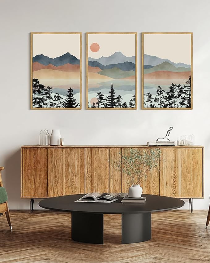 Drsoum Mountain Range Landscape Wall Art Framed Ink Wash Watercolor Nature Wall Decor Laker Sun Rises Prints Bedroom Living Room Ready to Hang 24x36in Natural Framed