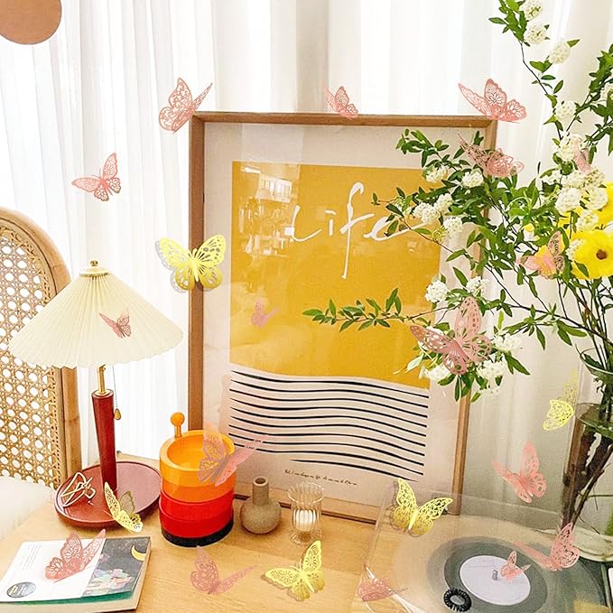 72 Pcs Butterfly Wall Decor, 3 Styles 3 Sizes 3D Butterfly, Gold and Rose Gold Butterfly, Wedding Decorations, Birthday Party Decorations, Girls Bedroom Decoration(72 Pcs, Gold and Rose Gold)