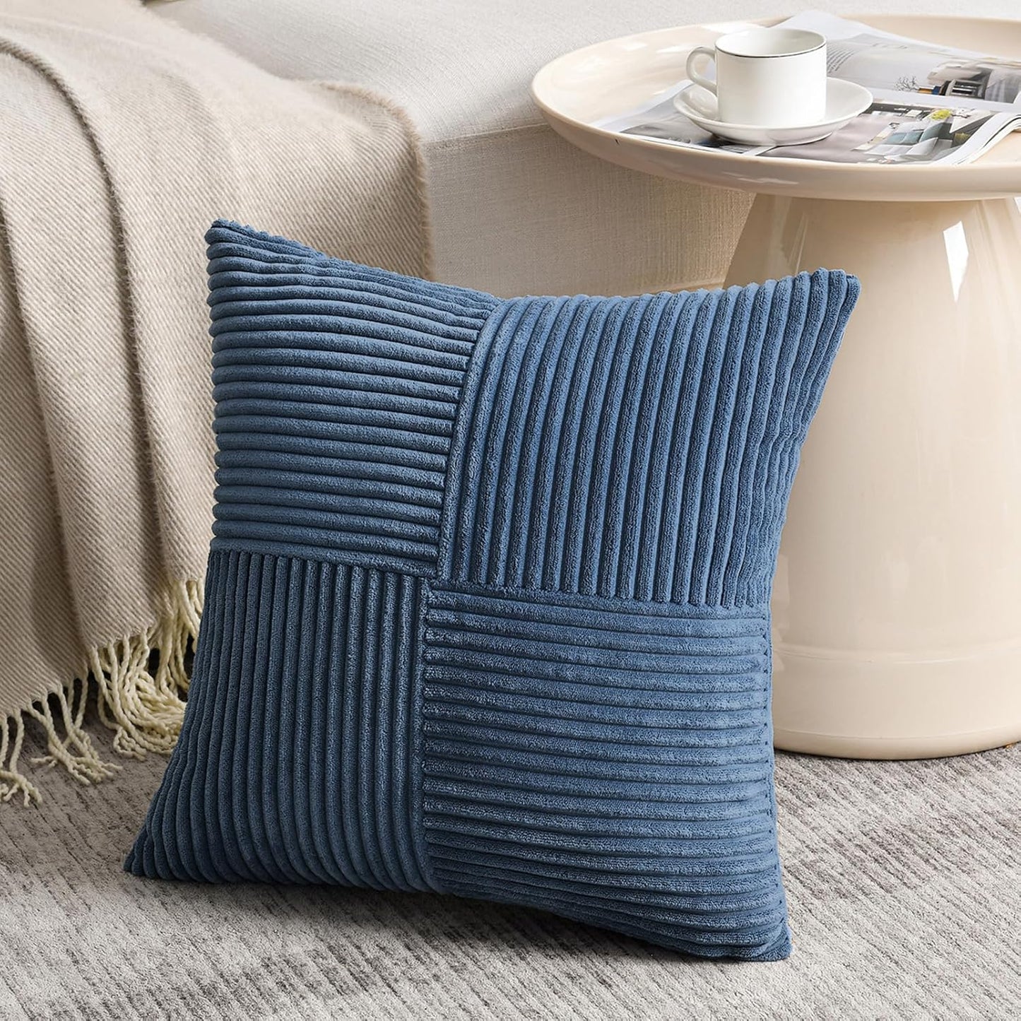 Fancy Homi 2 Packs Dusty Blue Big Decorative Throw Pillow Covers 24x24 Inch for Living Room Couch Bed, Rustic Farmhouse Boho Home Decor, Soft Corss Corduroy Patchwork Square Cushion Case 60x60 cm