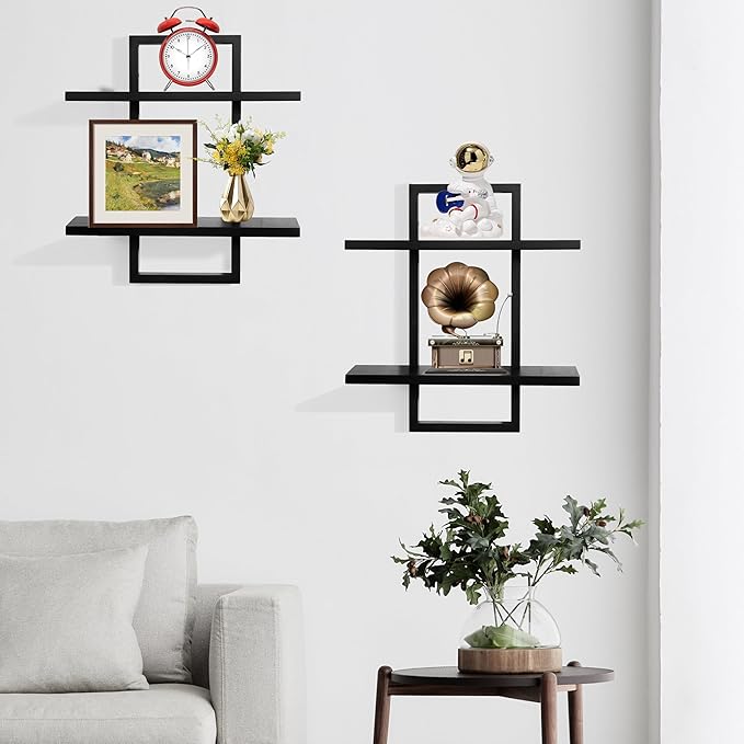 PHOENANCEE Floating Shelves for Wall,Display Hanging Shelf Set of 2,Modern Decorative Plants Shelves,Wood Home Decor Storage Chic for Living Room Bedroom Bathroom Office,Oak Frame,2-Tier Black