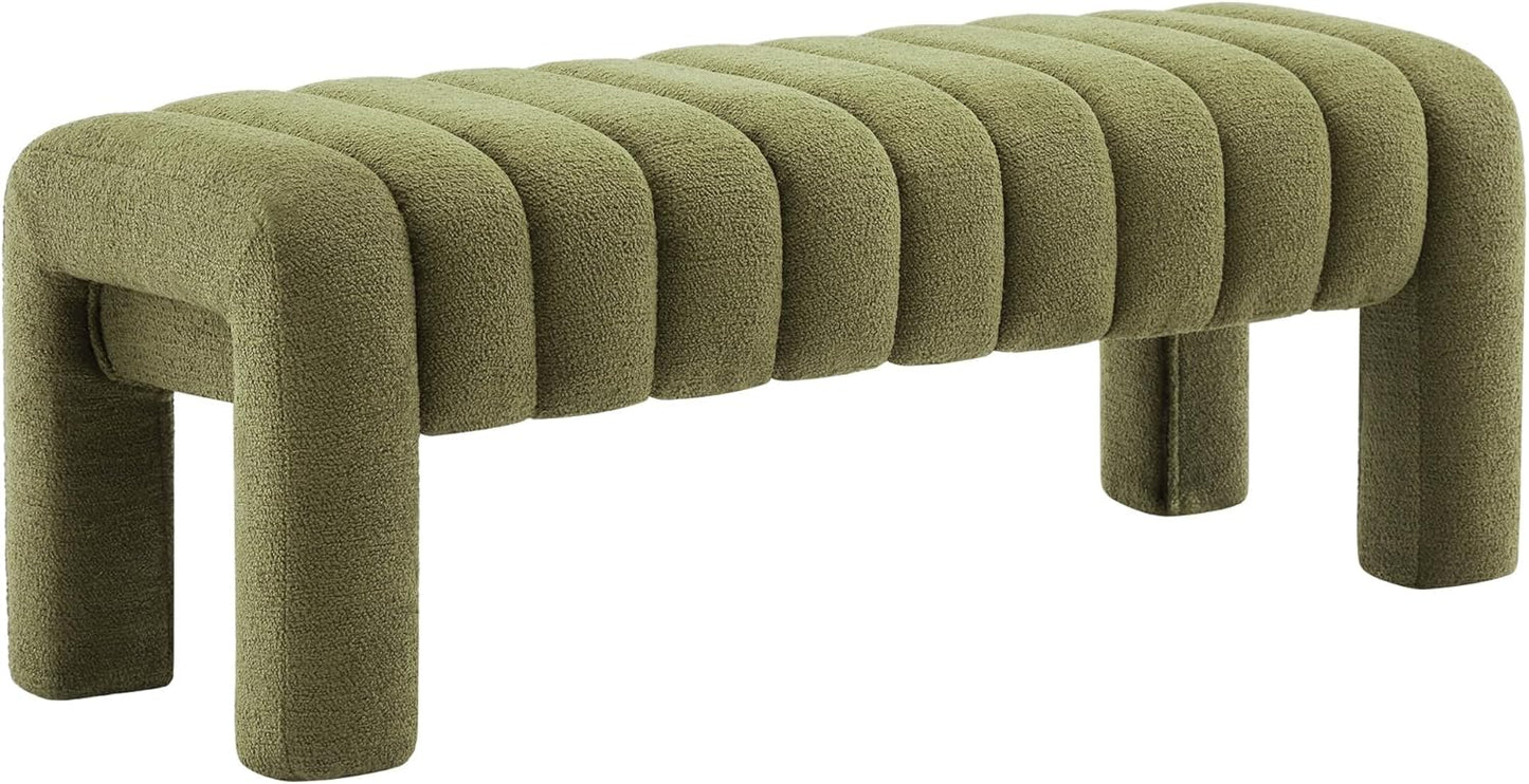 43.3" Bedroom Bench, Upholstered Entryway Bench, Modern End of Bed Ottoman with Solid Wood Legs and Adjustable Foot Pegs for Entryway, Dining Room and Living Room (Green Boucle)