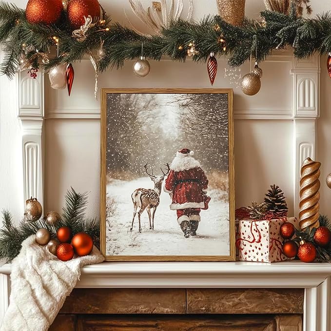 Framed Vintage Christmas Canvas Wall Art, Santa Claus Reindeer Snowy Forest Wall Decor Paintings, Rustic Winter Holiday Aesthetic Pictures Prints Xmas Home Decor for Living Room Bedroom 12×16 inch