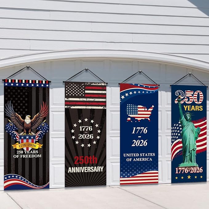 Tiamon 4 Pcs 250th Anniversary 4th of July Banner Patriotic American Flag Eagle 250 Years of Freedom 1776-2026 Porch Banner Hanging Decorations for Independence Day Wall Indoor Outdoor Decor